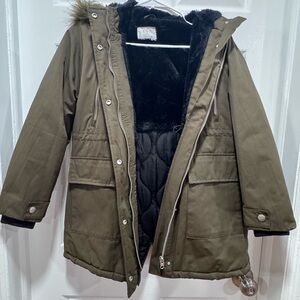 NWOT Zara Girls Olive Green Fur Lined Hooded Parka Coat